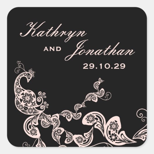 ヴィンテージシックフローラピンクピーコックボヘミアン結婚ズ スクエアシール (正面)