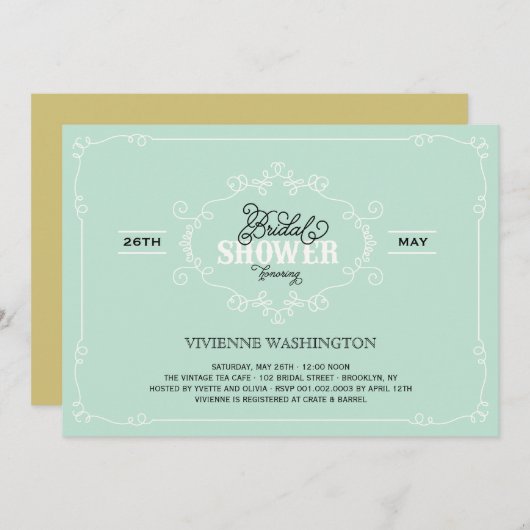 ヴィンテージシックフローリッシュミントブライダルシャワー招待状 招待状 (正面/裏面)