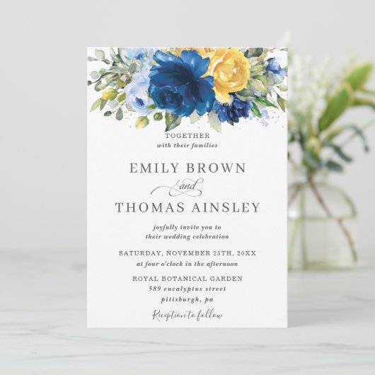 ヴィンテージシックブルーイエローフローラ緑結婚色 招待状 (スタンド正面)
