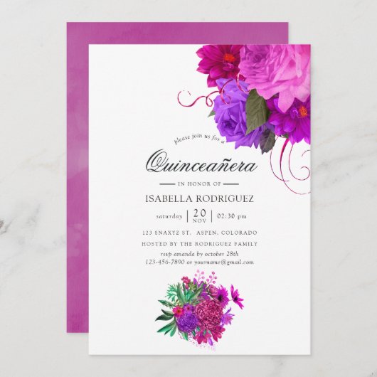 ヴィンテージシック明るい赤紫色とパープルフローラクインセアニラ 招待状 (正面/裏面)