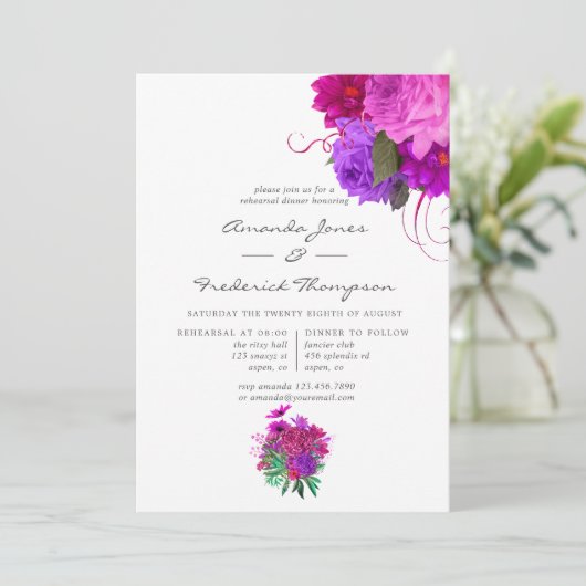 ヴィンテージシック明るい赤紫色とパープルリハーサルディナー 招待状 (スタンド正面)