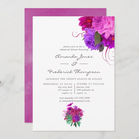 ヴィンテージシック明るい赤紫色とパープルリハーサルディナー 招待状 (正面/裏面)