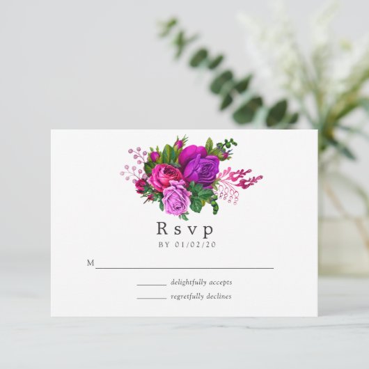 ヴィンテージシック明るい赤紫色とパープル結婚ズ 出欠カード (スタンド正面)