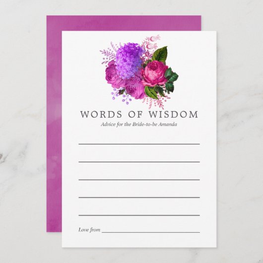 ヴィンテージシック明るい赤紫色&パープルブライダルシャワーアドバイス 招待状 (正面/裏面)