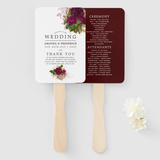 ヴィンテージシック赤面とブルゴーニュ結婚式 プログラム ハンドファン (正面&裏面)