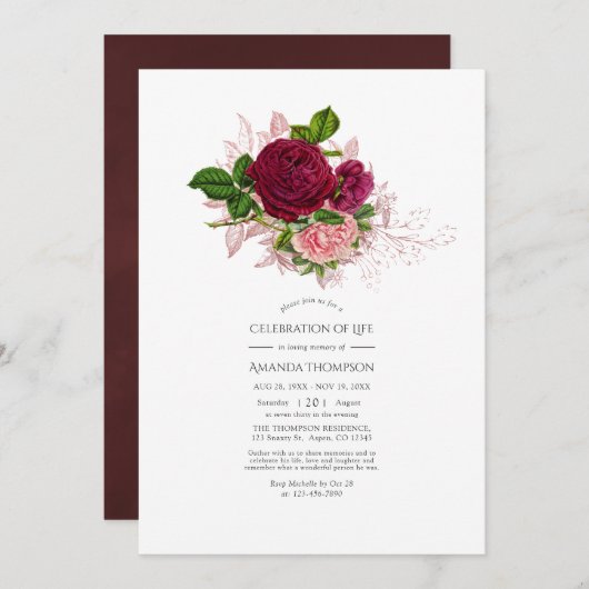 ヴィンテージシック赤面&ブルゴーニュお祝いオブライフ 招待状 (正面/裏面)