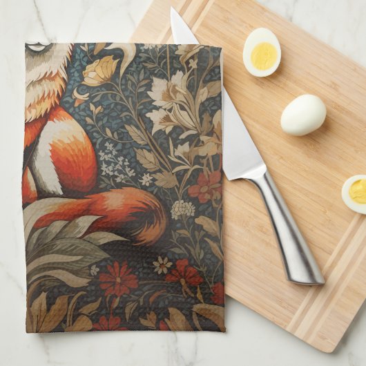 ヴィンテージシッティングキツネウィリアムインスパイアモリスフローラ キッチンタオル (四つ折り)