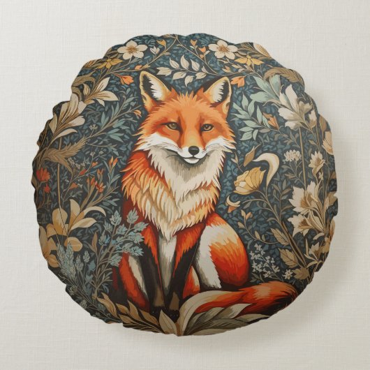 ヴィンテージシッティングキツネウィリアムインスパイアモリスフローラ ラウンドクッション (正面)