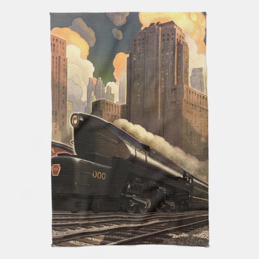 ヴィンテージシティT1 Duplex Train on Railroad キッチンタオル (縦)