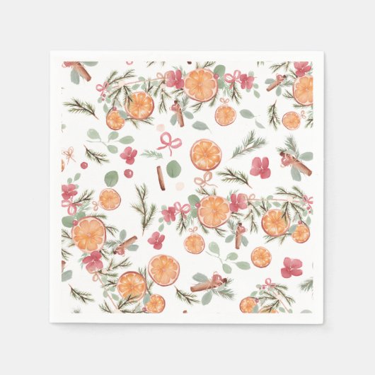 ヴィンテージシトラス植物性クリスマスオレンジパターン スタンダードカクテルナプキン (正面)