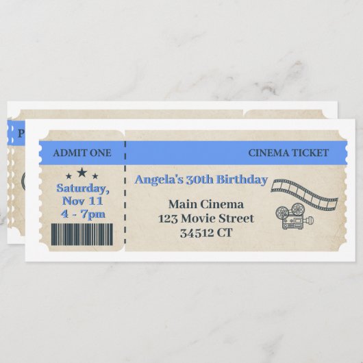 ヴィンテージシネマチケット誕生日招待状 招待状 (正面/裏面)