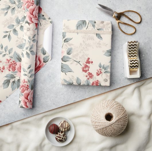 ヴィンテージシャビーかわいらしシックなクリスマスフローラ紙 ラッピングペーパー (クラフト)