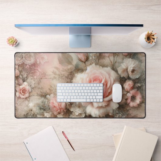 ヴィンテージシャビーかわいらしシックなパステルピンクローズ デスクマット (オフィス1)