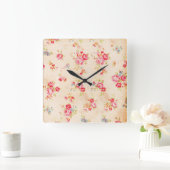 ヴィンテージシャビーシックガーリーピンクブルーバラフローラ スクエア壁時計 (ホーム)