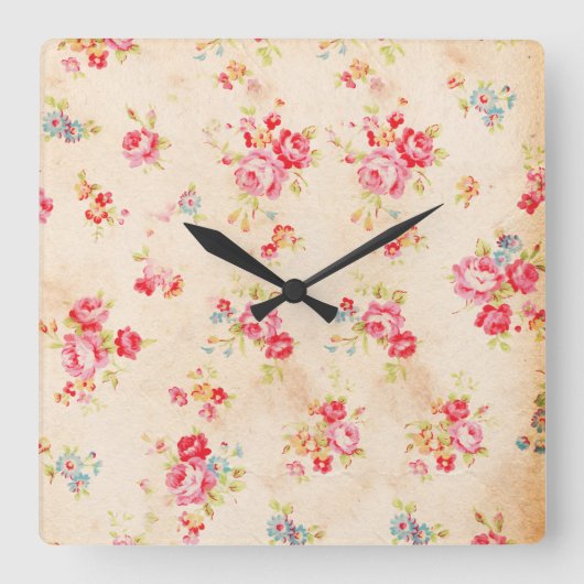 ヴィンテージシャビーシックガーリーピンクブルーバラフローラ スクエア壁時計 (正面)