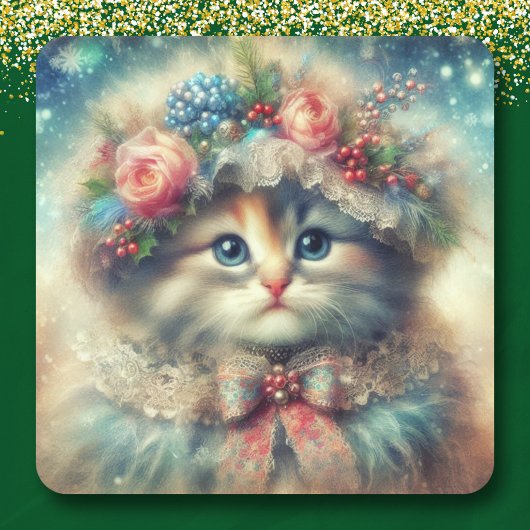 ヴィンテージシャビーシッククリスマス猫 スクエアシール