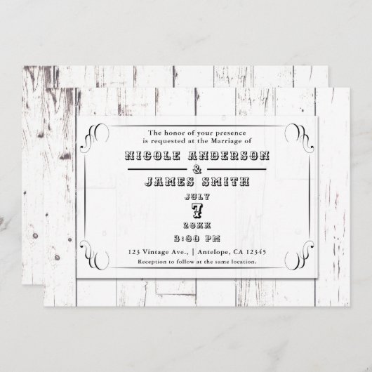 ヴィンテージシャビーシックスワールホワイトウッドバ結婚ンズ 招待状 (正面/裏面)