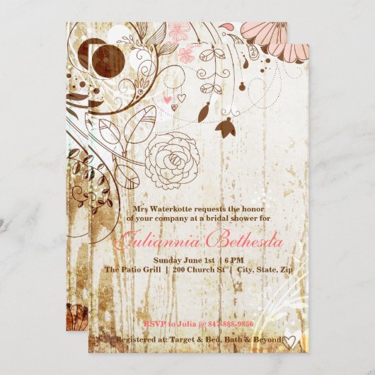 ヴィンテージシャビーシックフローラブライダルシャワー招待状 招待状 (正面/裏面)