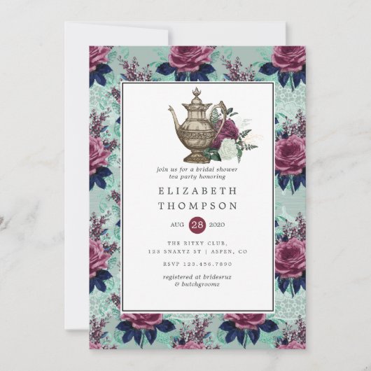 ヴィンテージシャビーシックブライダルシャワーティーパーティー 招待状 (正面)