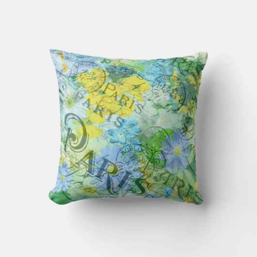 ヴィンテージシャビーシックブライトパリフローラデザイン クッション (正面)