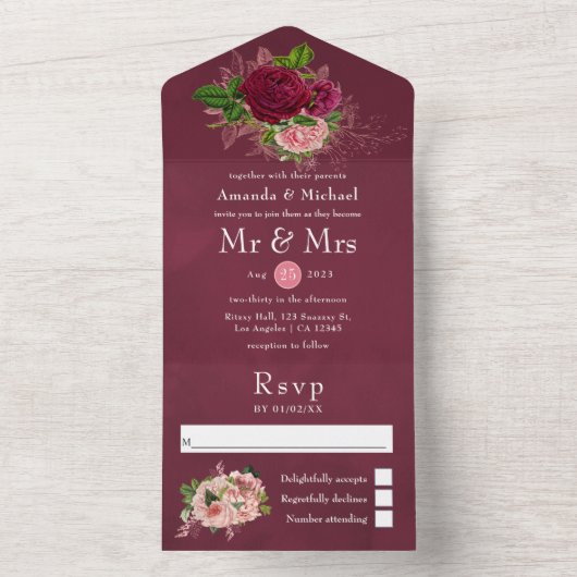 ヴィンテージシャビーシック結婚フローラ オールインワン招待状 (内側)