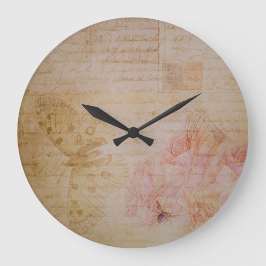 ヴィンテージシャビーシック蝶アンティークスクリプト ラージ壁時計 (正面)