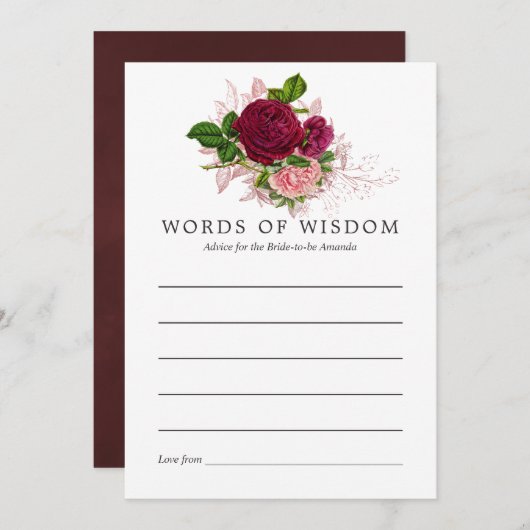 ヴィンテージシャビーシック赤面&ブルゴーニュブライダルアドバイス アドバイスカード (正面/裏面)