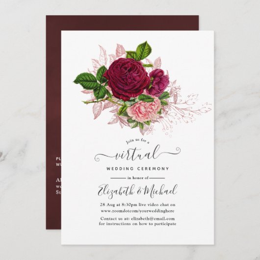 ヴィンテージシャビー – シックフローラオンライン仮想結婚機器 招待状 (正面/裏面)