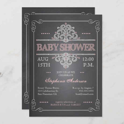 ヴィンテージシャルボードガールベビーシャワー招待状 招待状 (正面/裏面)