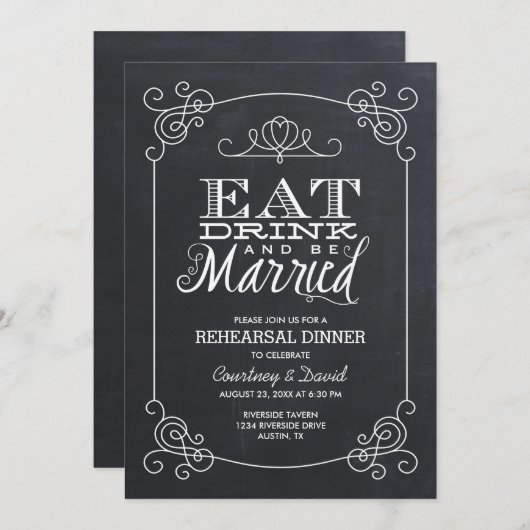 ヴィンテージシャルボードタイポグラフィリハーサルディナー 招待状 (正面/裏面)