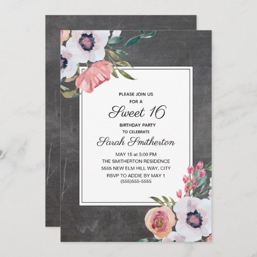 ヴィンテージシャルボードピンクホワイトフローラスイーツ16 招待状 (正面/裏面)