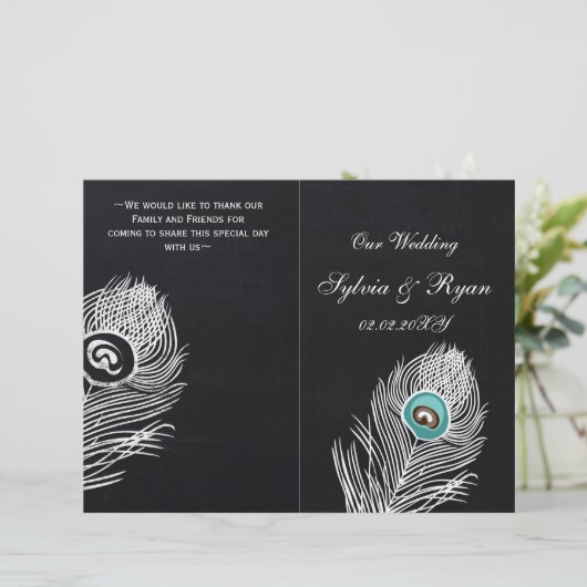 ヴィンテージシャルボードピーコックの結婚式のプログラムを折り畳んだ (スタンド正面)