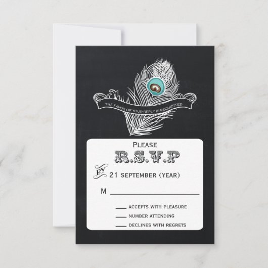 ヴィンテージシャルボードピーコック結婚式rsvp 3.5 x 5 出欠カード (正面)