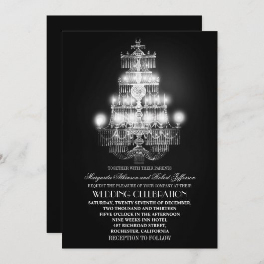 ヴィンテージシャンデリアブラック結婚式招待状 招待状 (正面/裏面)