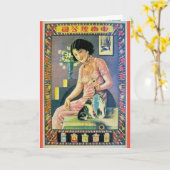 ヴィンテージシャンハイ中国アドウーマンキャットキッテン カード (黄色い花)