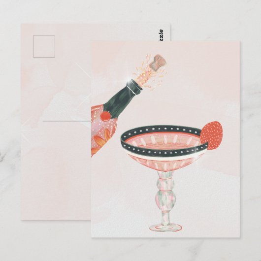 ヴィンテージシャンパングラスとボトルの誕生日パーティー ポストカード (正面/裏面)