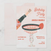 ヴィンテージシャンパングラスとボトルの誕生日パーティー 招待状 (正面/裏面)