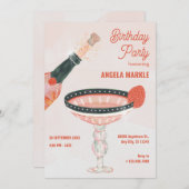 ヴィンテージシャンパングラスとボトル誕生日パーティー 招待状 (正面/裏面)