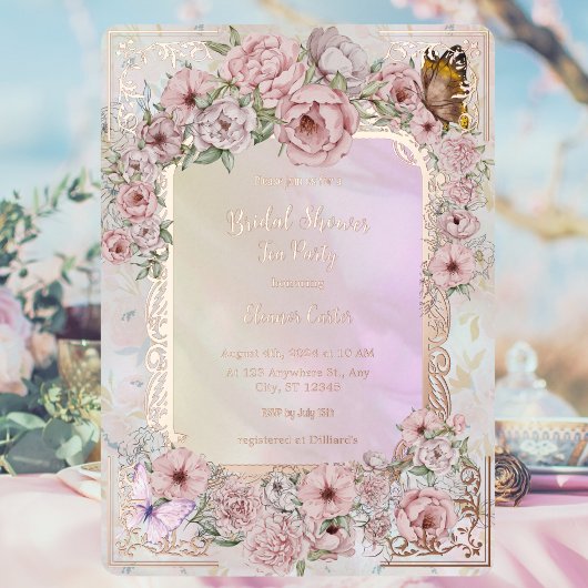 ヴィンテージシャンパンピオニーブライダルシャワーティーパーティー 箔招待状