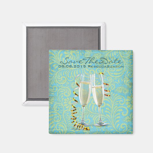 ヴィンテージシャンパンフルートティール（緑がかった色）金ゴールドダマスウェディング マグネット (正面/裏面)