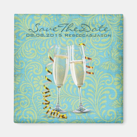 ヴィンテージシャンパンフルートティール（緑がかった色）金ゴールドダマスウェディング マグネット (正面)