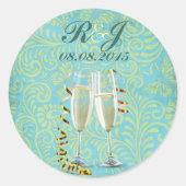 ヴィンテージシャンパンフルートティール(緑がかった色)金ゴールドダマスウェディング ラウンドシール (正面)