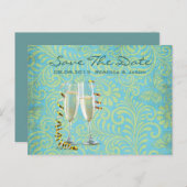 ヴィンテージシャンパンフルートティール（緑がかった色）金ゴールドダマスウェディング 案内ポストカード (正面/裏面)