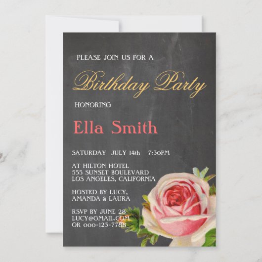 ヴィンテージシャンパンローズブラックボードバースデーパーティー 招待状 (裏面)