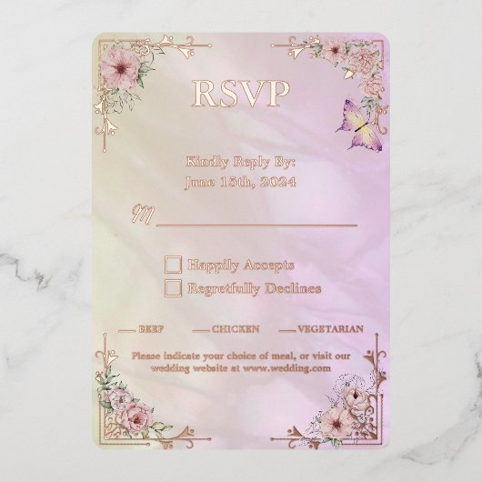 ヴィンテージシャンパン結婚牡丹フォイルRSVPカード 箔招待状 (正面)