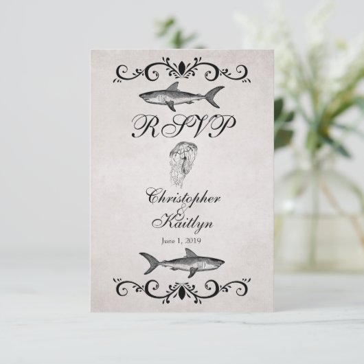 ヴィンテージシャークとクラゲの結婚式RSVPカード 出欠カード (スタンド正面)