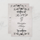 ヴィンテージシャークとクラゲの結婚式RSVPカード 出欠カード (正面/裏面)