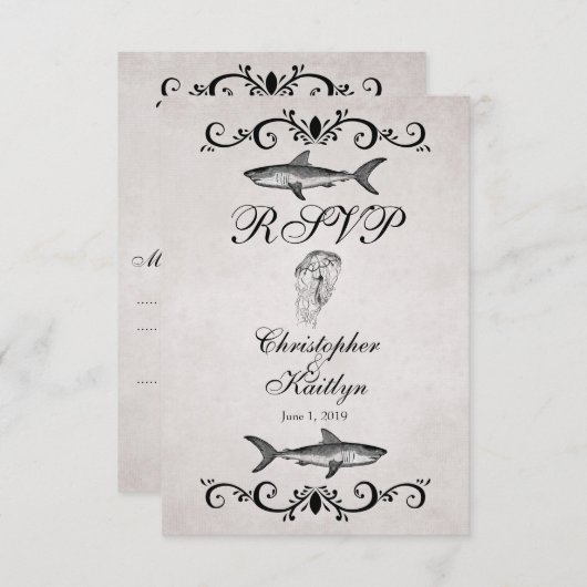 ヴィンテージシャークとクラゲの結婚式RSVPカード 出欠カード (正面/裏面)