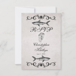 ヴィンテージシャークとクラゲの結婚式RSVPカード 出欠カード
