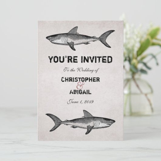ヴィンテージシャークカップル目的地ビーチ結婚式 招待状 (スタンド正面)